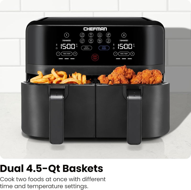 Chefman TurboFry Touch Dual Air Fryer, Maximize The Healthiest Meals With Double Basket Capacity, One-Touch Digital Controls And Shake Reminder For The Perfect Crispy And Low-Calorie Finish - Image 4